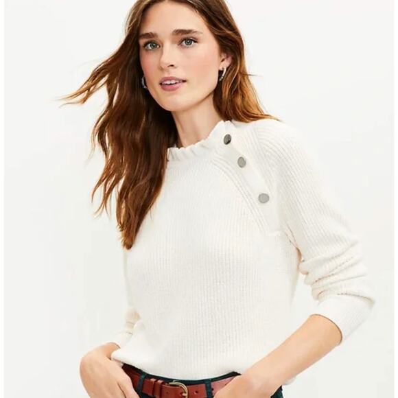 Loft Ruffle Neck Button Sweater Cream White Long‎ Sleeve Coquette Size Small - Picture 1 of 10